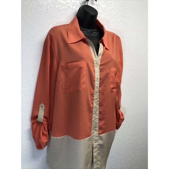 Notations Peach Color Block Button Up Womens Roll Tab Sleeve Blouse Plus Sz XL - Picture 2 of 7